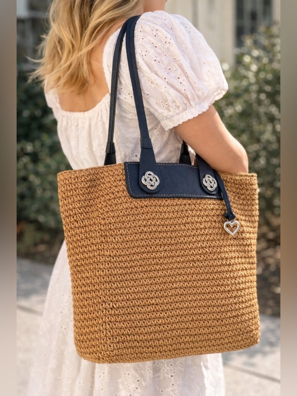 Brighton Lena Straw Tote Blue Leather Trim | Interlok Knot Charm Coastal Chic